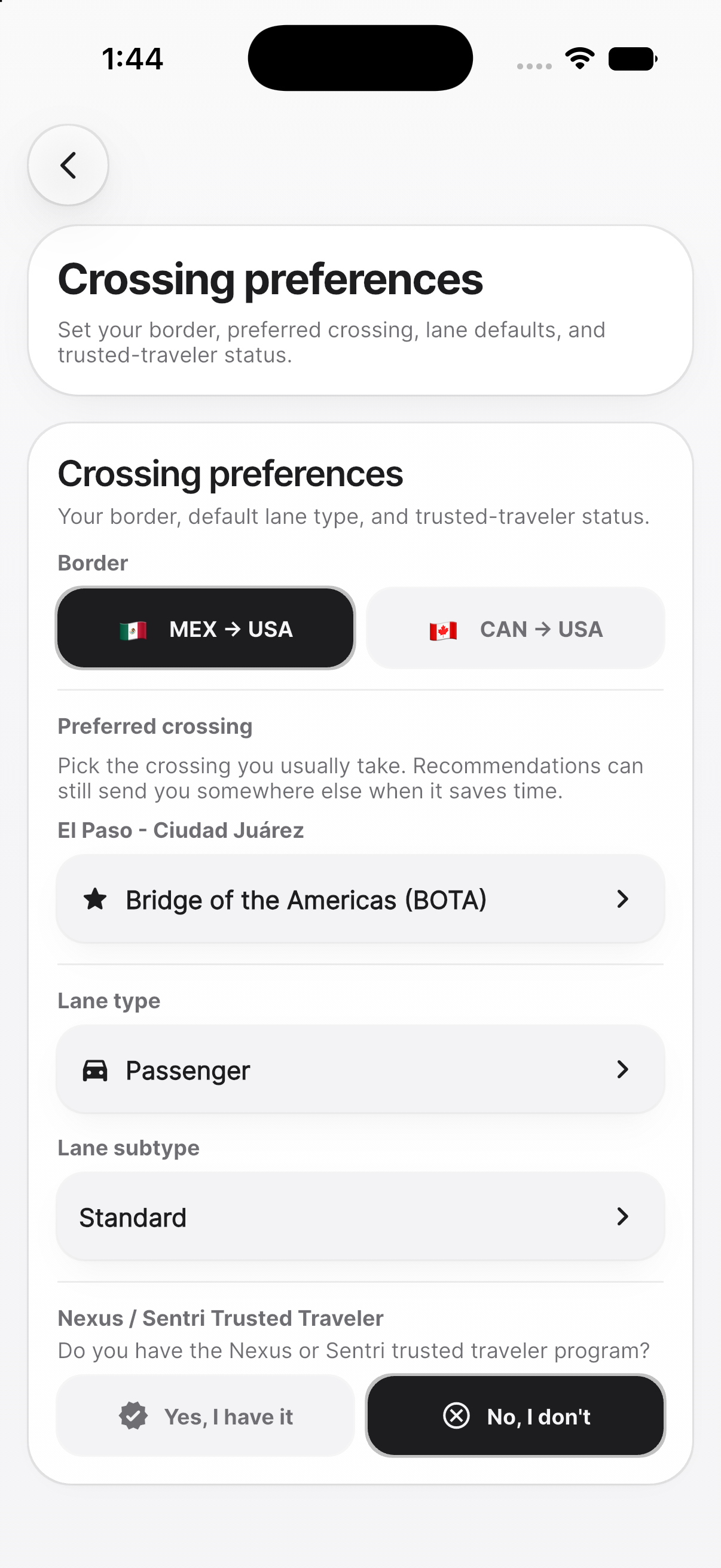 PazPort crossing preferences for border, lane, and trusted traveler setup