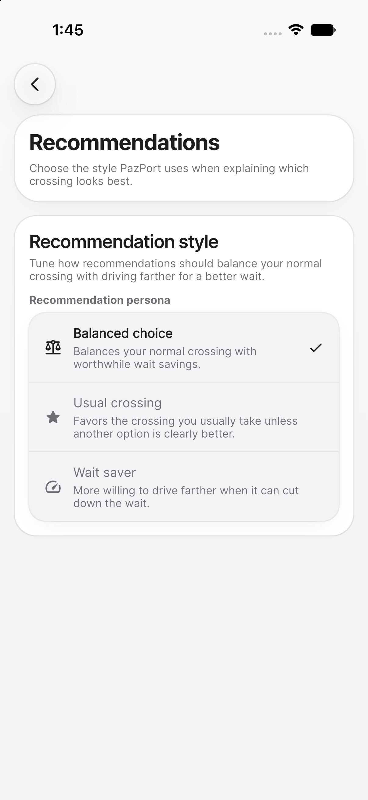 PazPort recommendation style settings