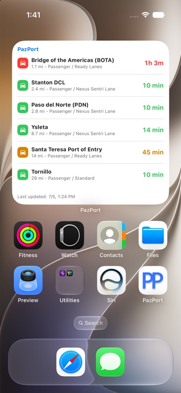 PazPort home screen widget with nearby crossing waits