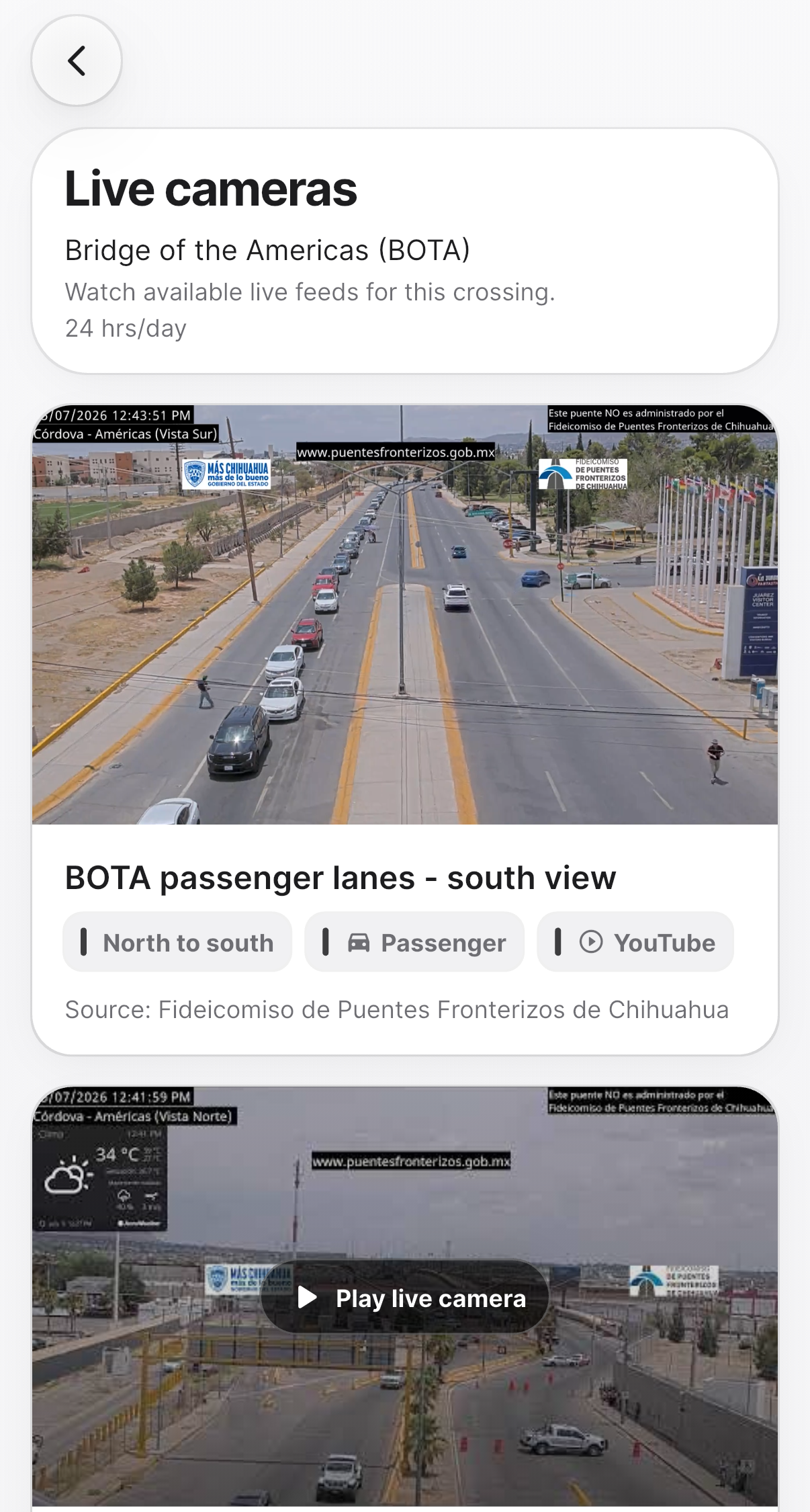 PazPort live cameras page with available border camera feeds
