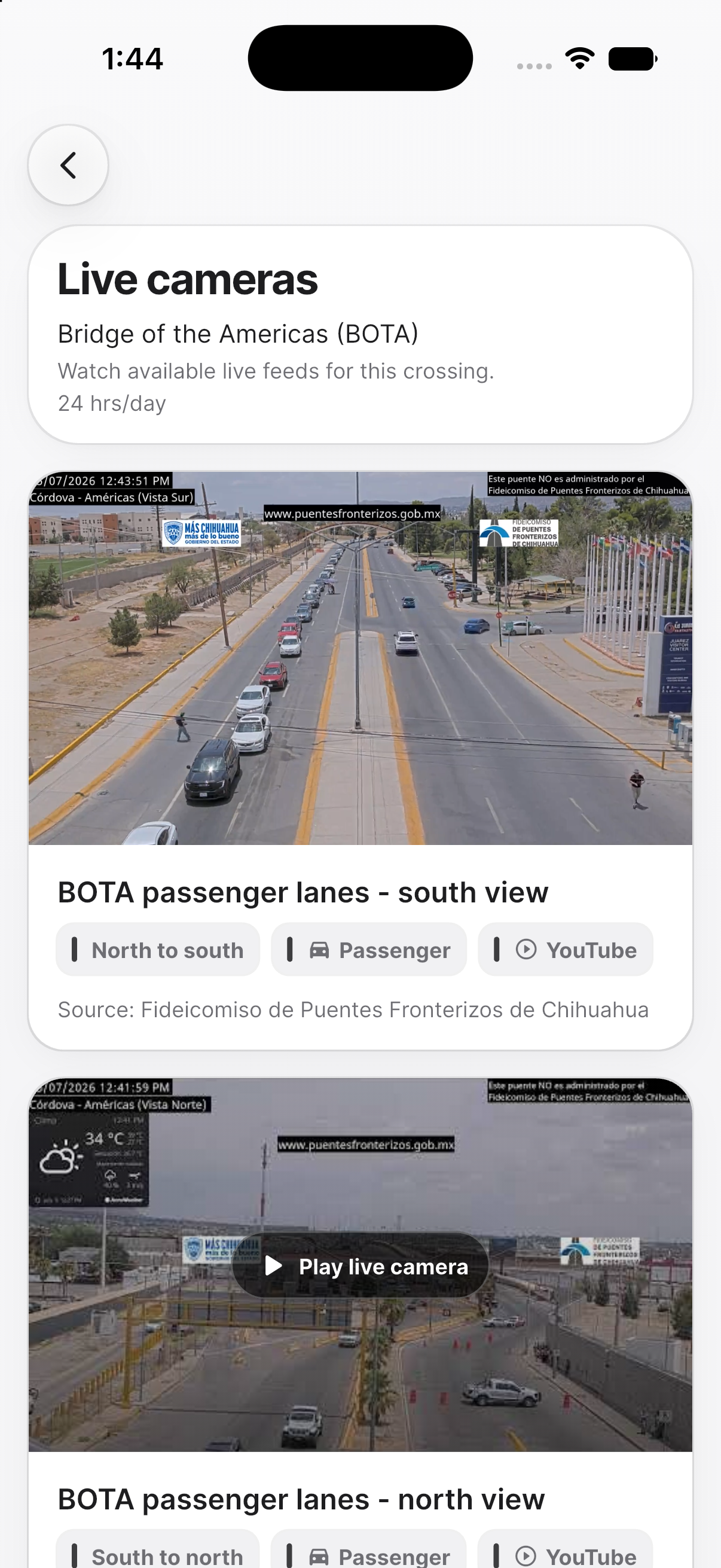 PazPort live cameras page with available border camera feeds