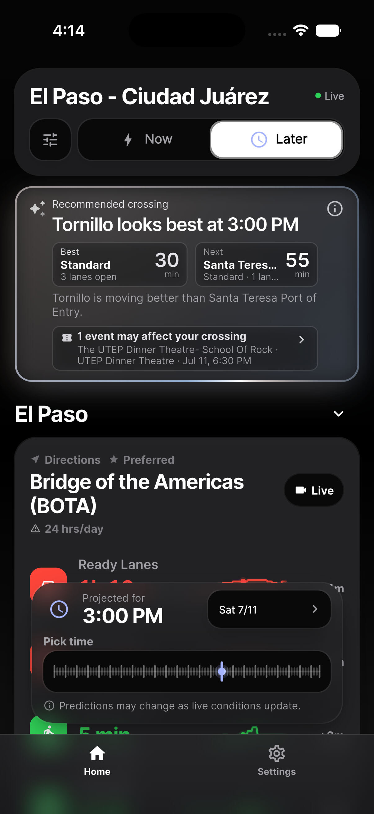 PazPort dark mode recommendation card showing a later crossing recommendation