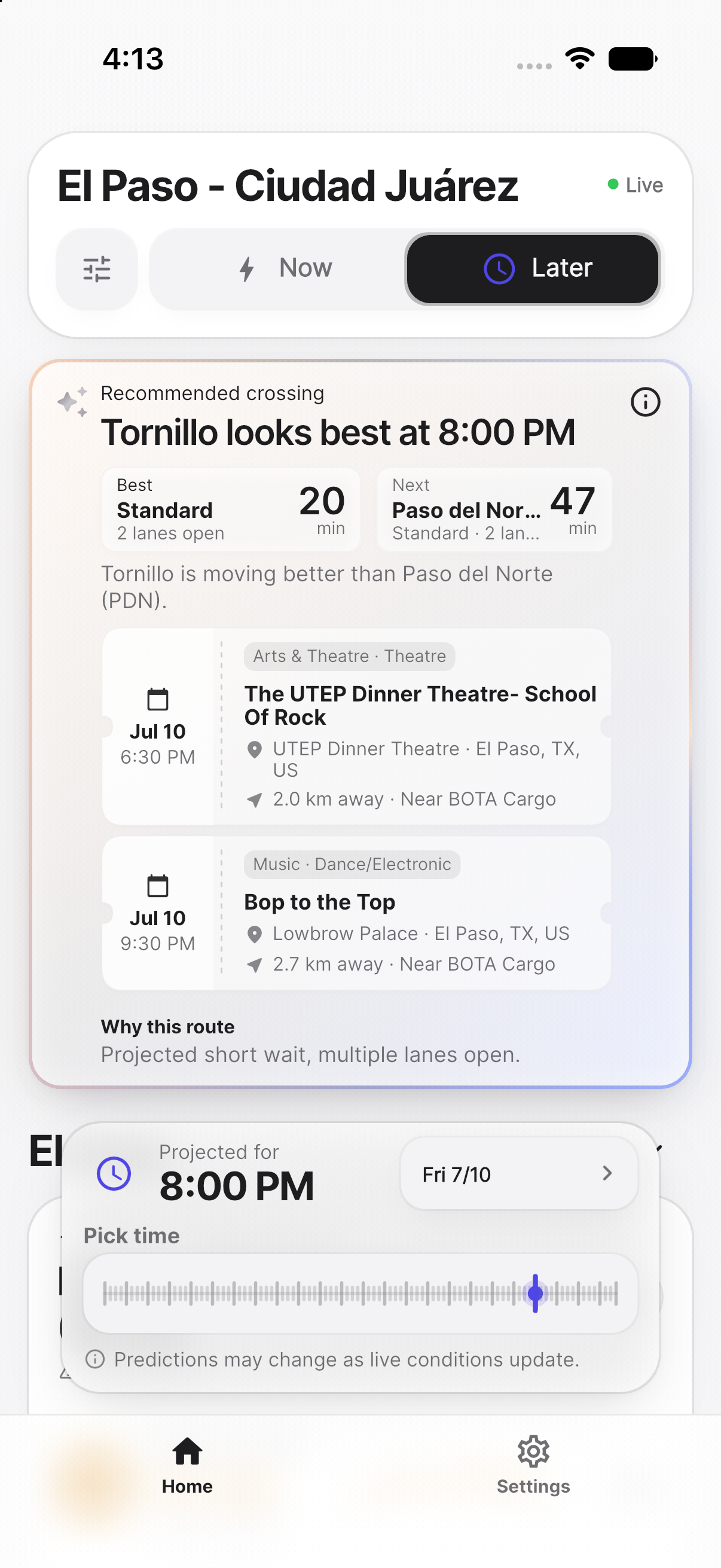 PazPort light mode recommendation card comparing the best crossing and next option