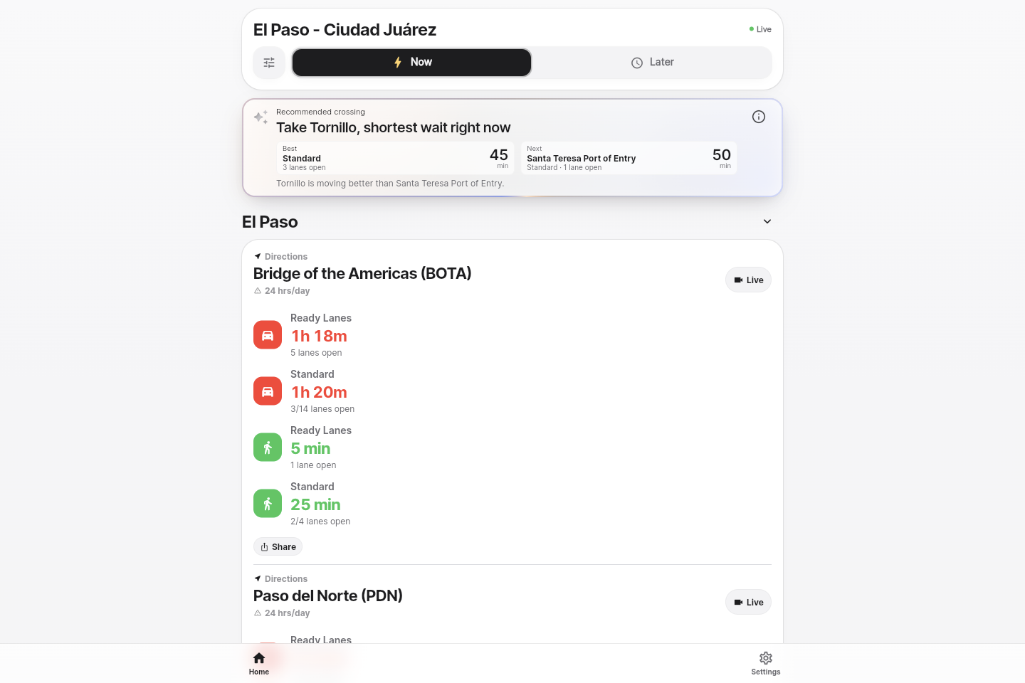 PazPort web app preview showing live crossing waits