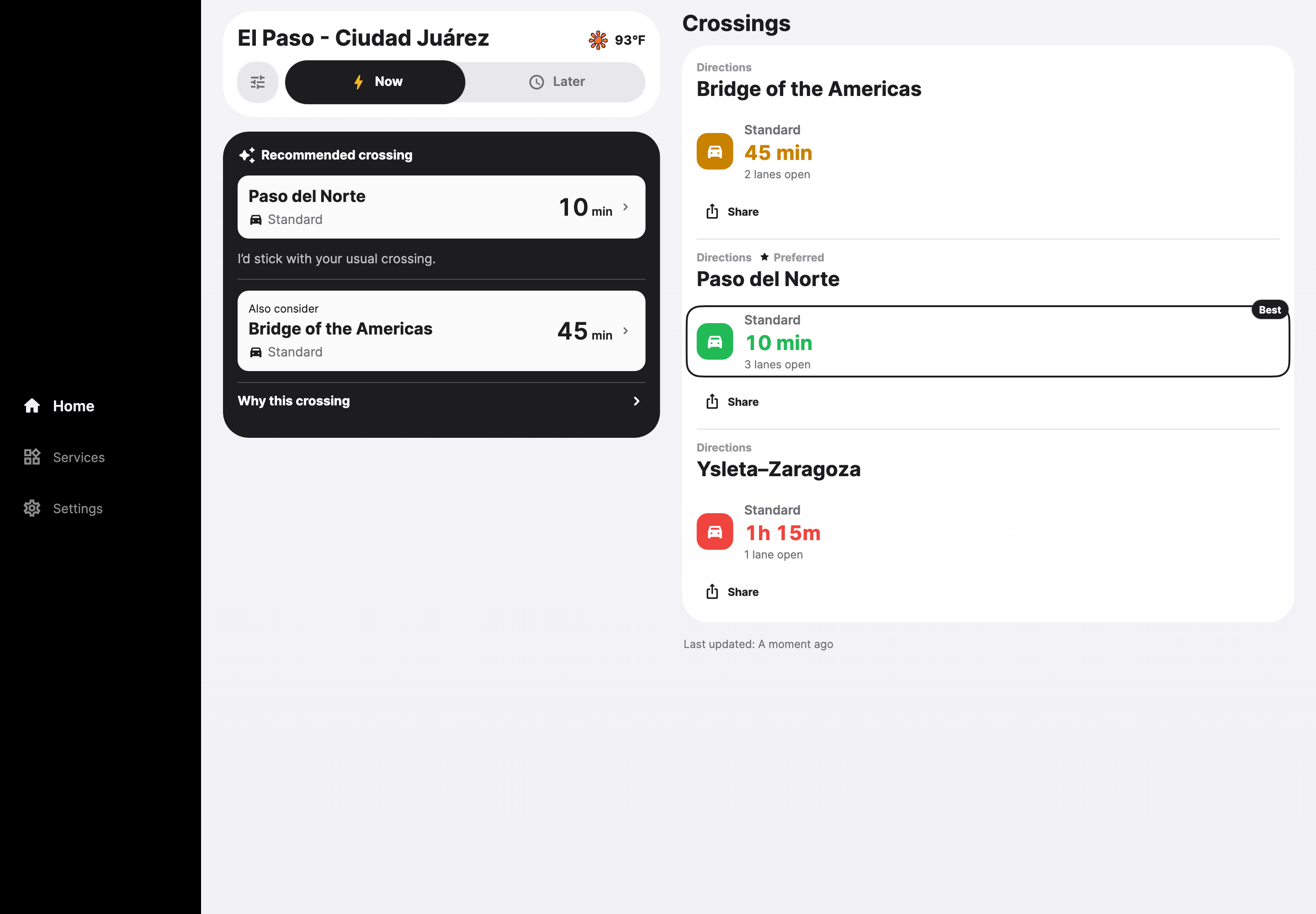 PazPort on a desktop-sized screen with its expanded navigation and crossing information. Example data.