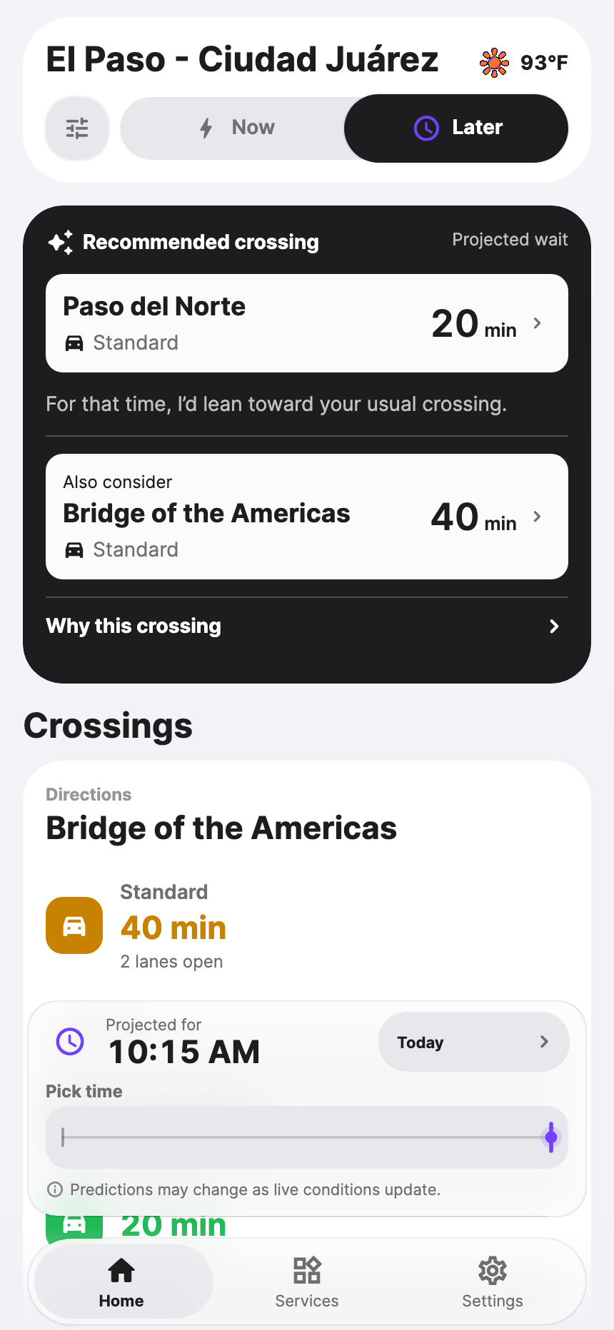PazPort Cross Later with a selected day and time and projected crossing waits. Example data.