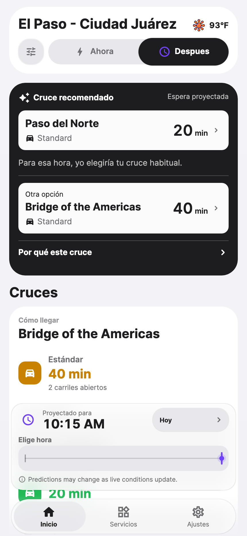 La función Más tarde de PazPort con día, hora y esperas estimadas. Datos de ejemplo.