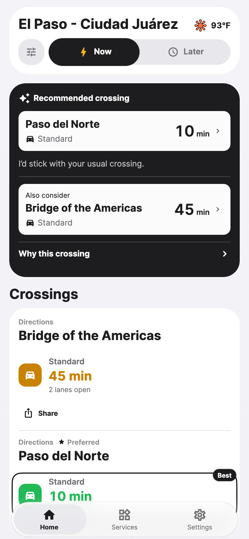 PazPort Home showing El Paso–Ciudad Juárez, a recommended crossing, and waits by lane. Example data.