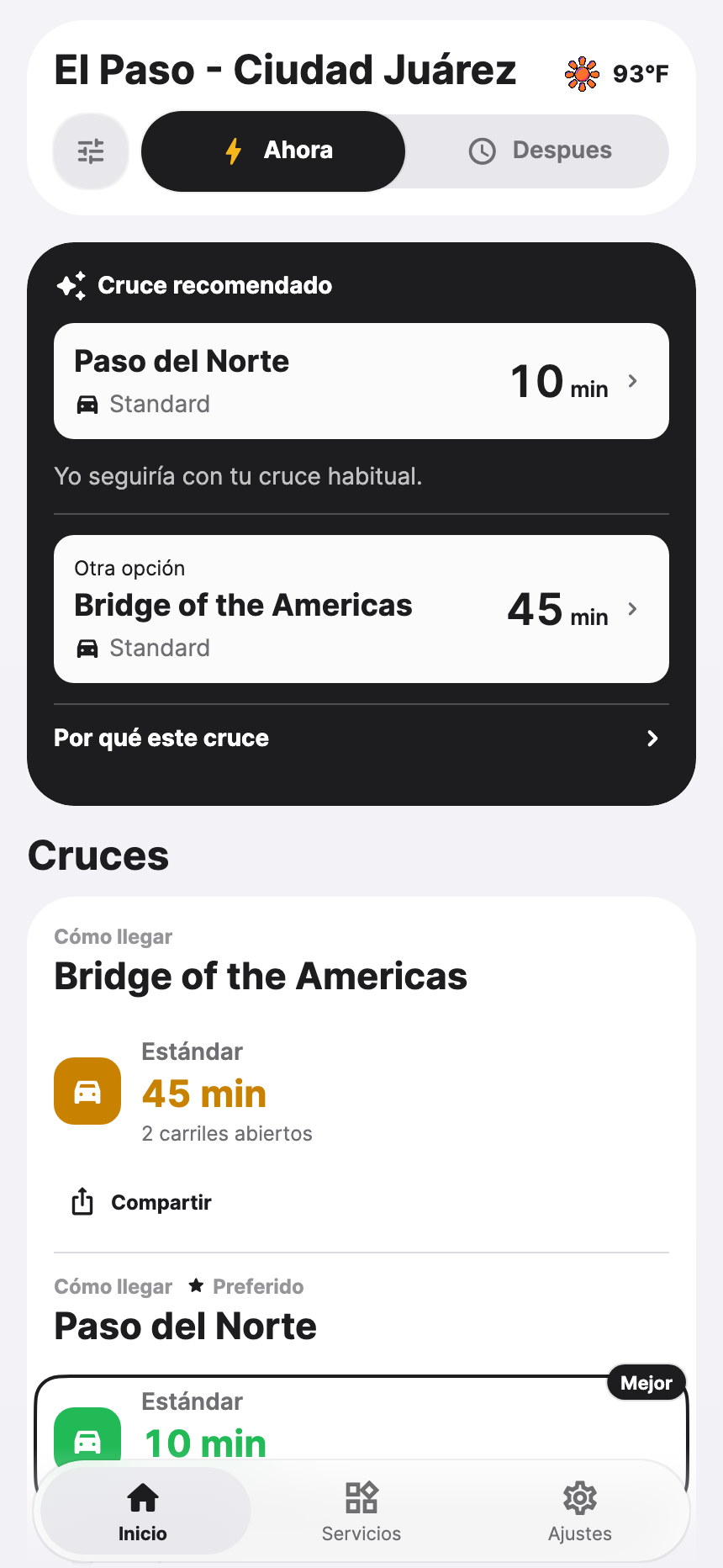 Inicio de PazPort con El Paso–Ciudad Juárez, un cruce recomendado y esperas por carril. Datos de ejemplo.