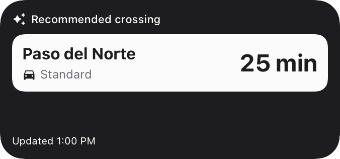 PazPort iPhone widget showing a suggested crossing, lane type and update time with example data.