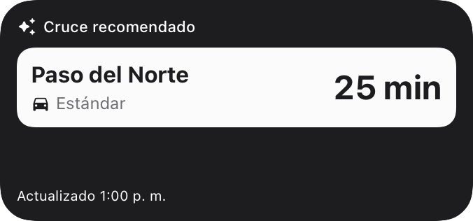 Widget de PazPort para iPhone con un cruce sugerido, tipo de carril y hora de actualización. Datos de ejemplo.