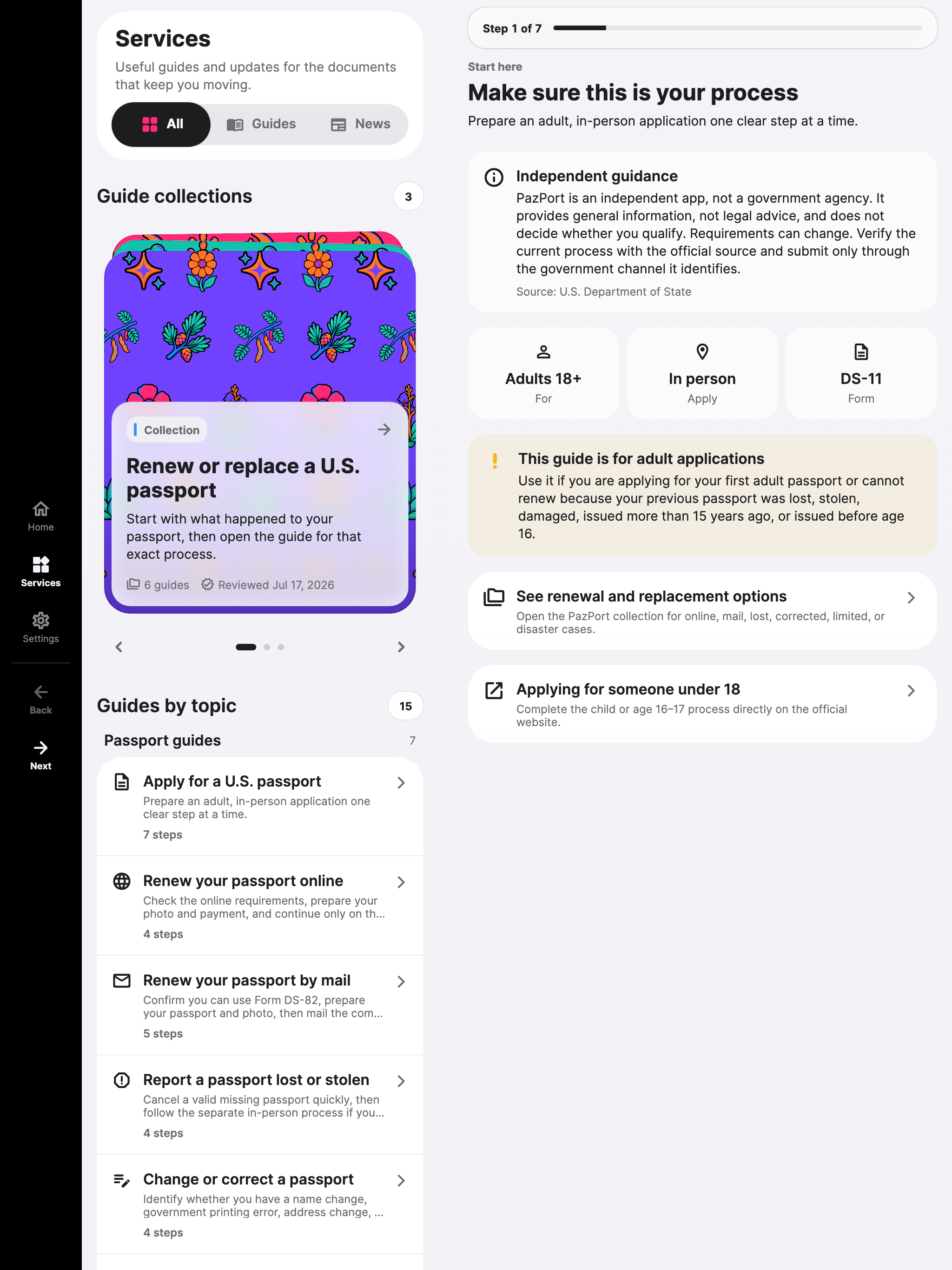 PazPort Services on a tablet, showing practical travel guides and illustrated collections.
